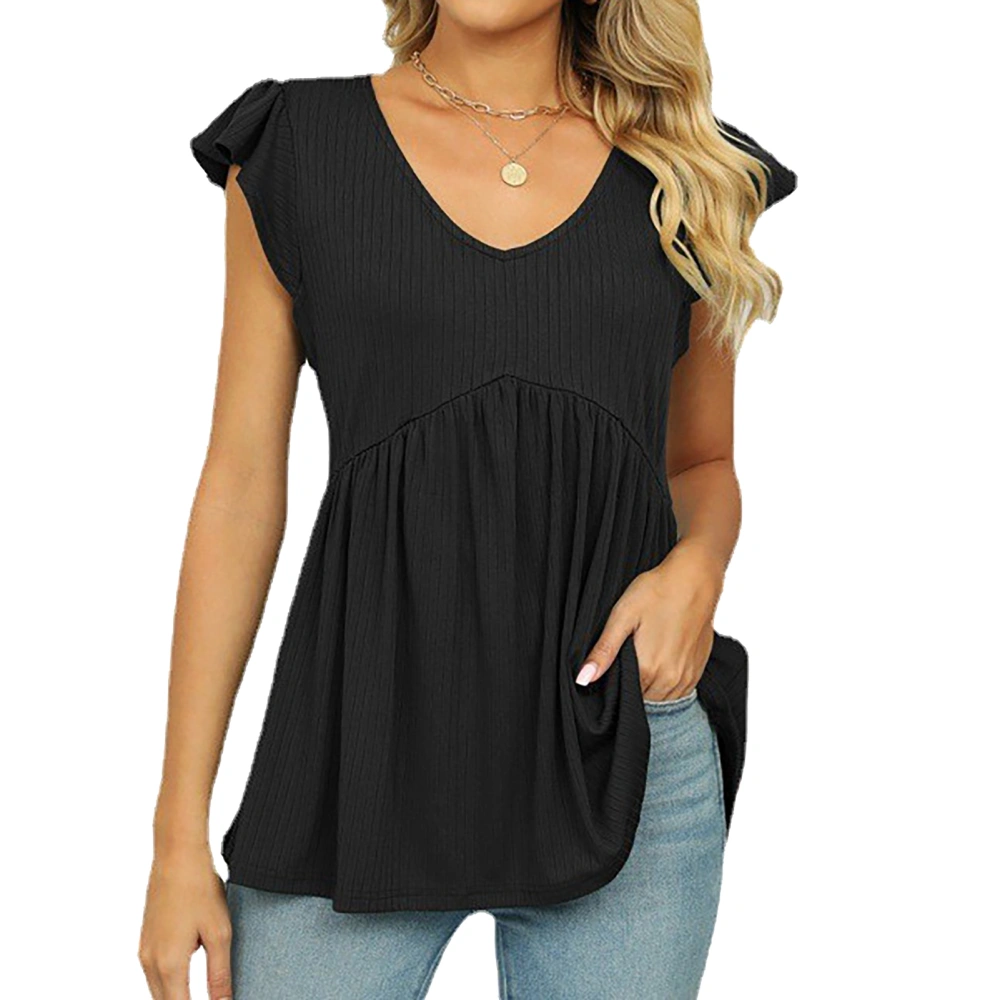 V Neck Ruffle Sleeve Casual Tops Pure Color Fashion Machine Washable Short Sleeve Blouses for Women Black XL