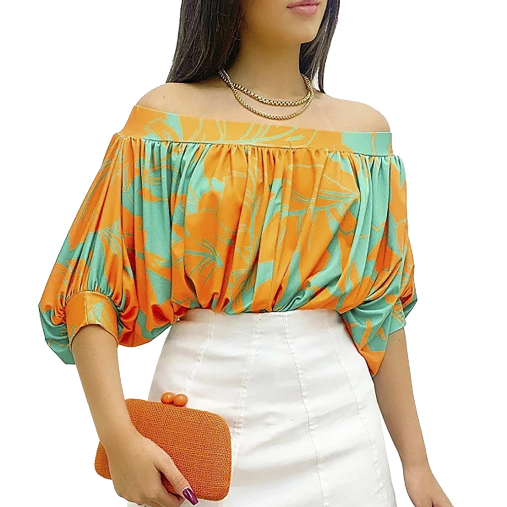 Bat Sleeve Top Women Off Shoulder Loose Ruched Short Multi Color Printing for Summer Orange XL