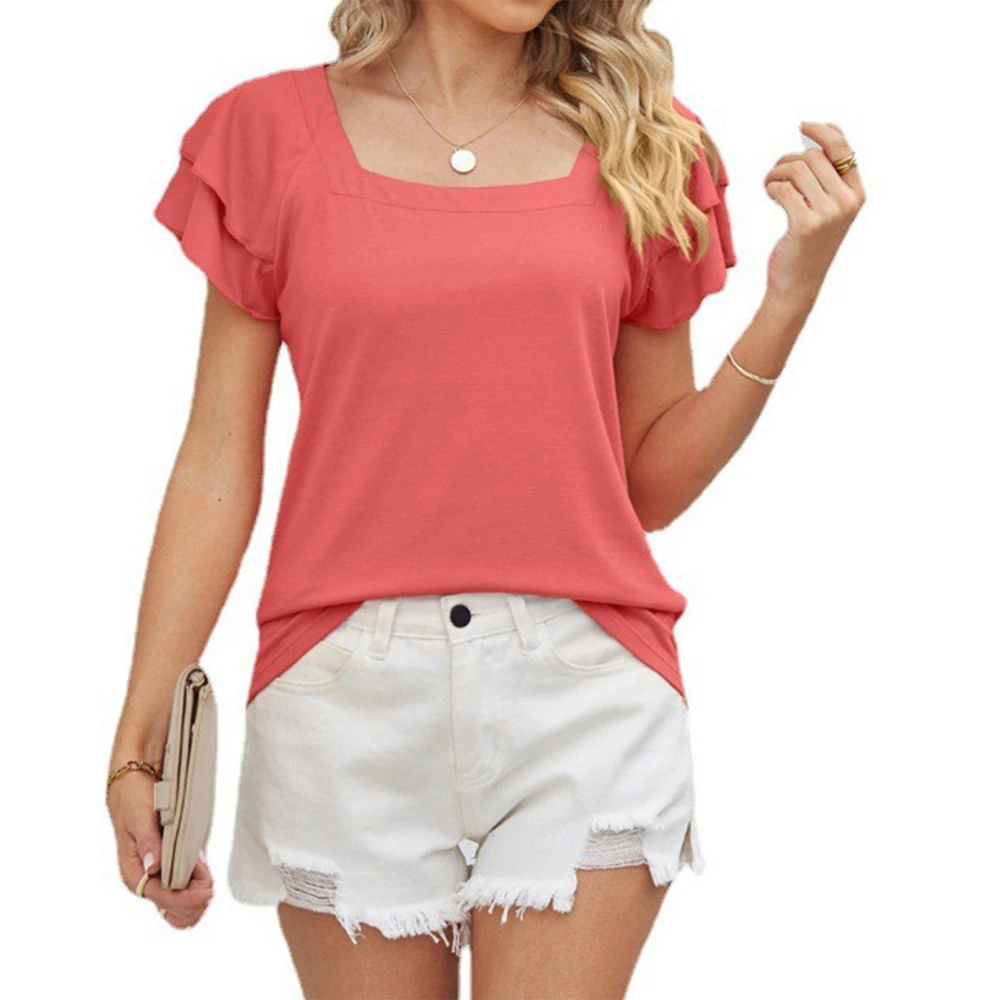 Women T Shirt Square Neck Pure Color Ruffle Short Sleeves Top Blouse for Summer Travel Orange Red S