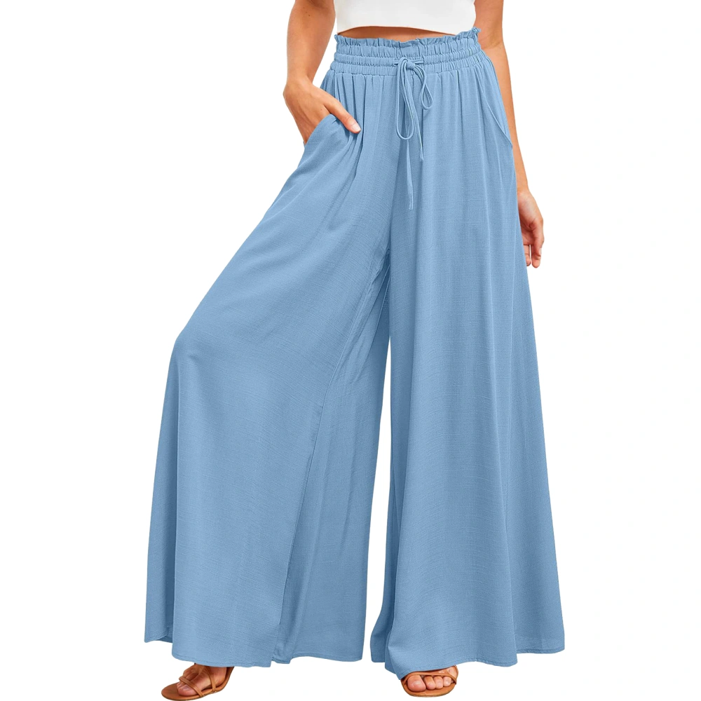 Women Wide Leg Lounge Pants with Side Pockets Drawstring Mid Rise Elastic Waist Loose Comfy Casual Slacks Sky Blue 2XL