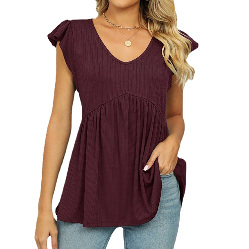 V Neck Ruffle Sleeve Casual Tops Pure Color Fashion Machine Washable Short Sleeve Blouses for Women Wine Red XXL