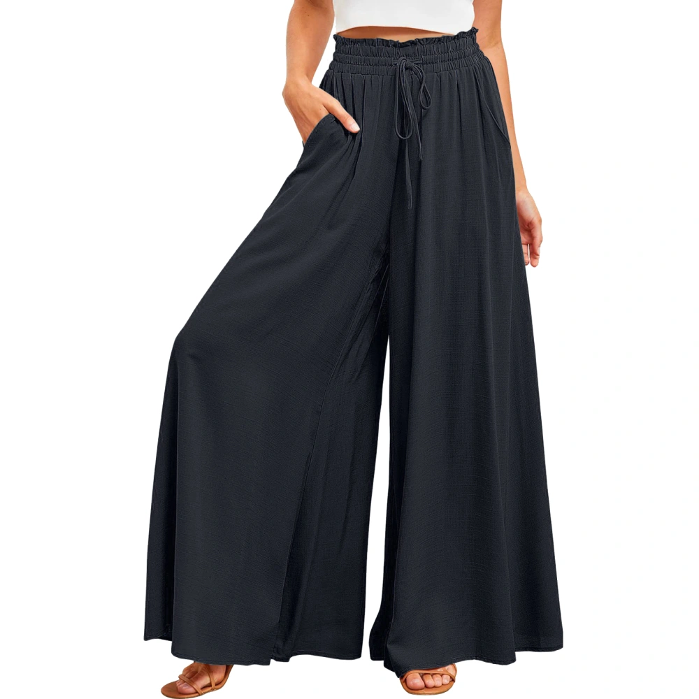 Women Wide Leg Lounge Pants with Side Pockets Drawstring Mid Rise Elastic Waist Loose Comfy Casual Slacks Black M