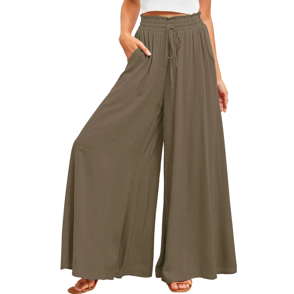 Women Wide Leg Lounge Pants with Side Pockets Drawstring Mid Rise Elastic Waist Loose Comfy Casual Slacks Flax Blue S