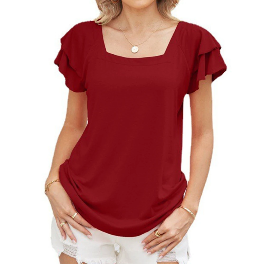 Women T Shirt Square Neck Pure Color Ruffle Short Sleeves Top Blouse for Summer Travel Wine Red XL