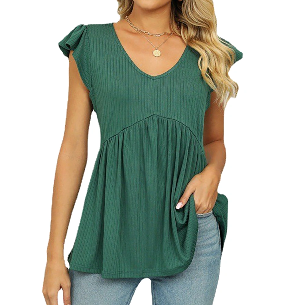 V Neck Ruffle Sleeve Casual Tops Pure Color Fashion Machine Washable Short Sleeve Blouses for Women Green XL