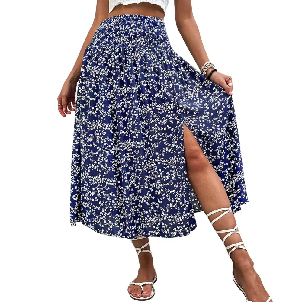 Women Skirt Floral Print High Waist Skirt Split Midiskirt Elastic Fashionable Midiskirt Blue XL