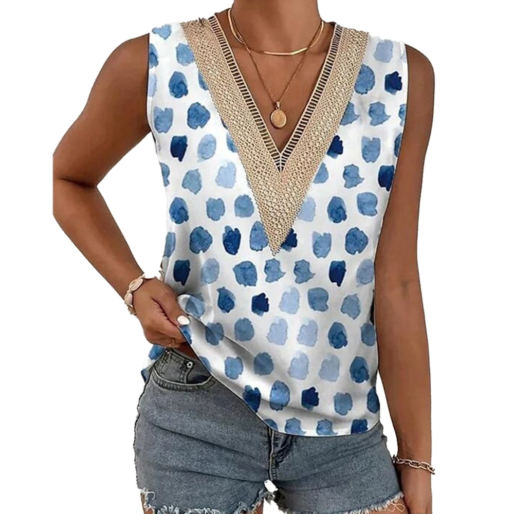 Women Sleeveless Top Lace Trim V Neck Loose Fit Soft Casual Lady Tank Top for Summer Round Dot Block No.4 Color XL