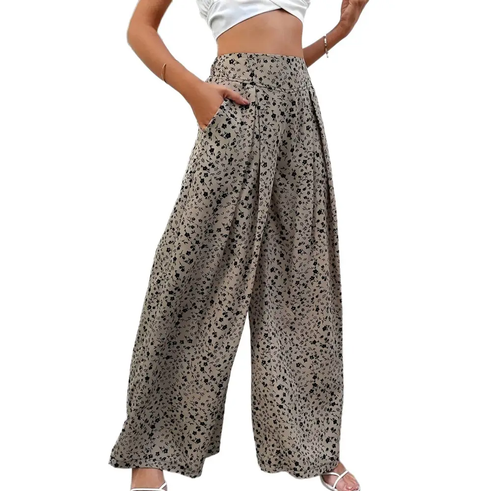 Women Pants Long High Waist Drape Pants Floral Print Trousers Summer Wide Leg Slack Khaki L