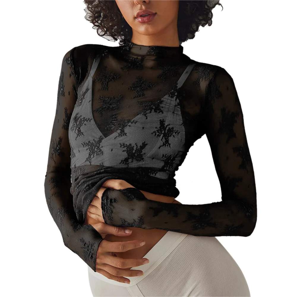 Lace Long Sleeve Top Close Fitting Knitted Round Neck Fashion Machine Washable Floral Lace Blouse for Women Black XS