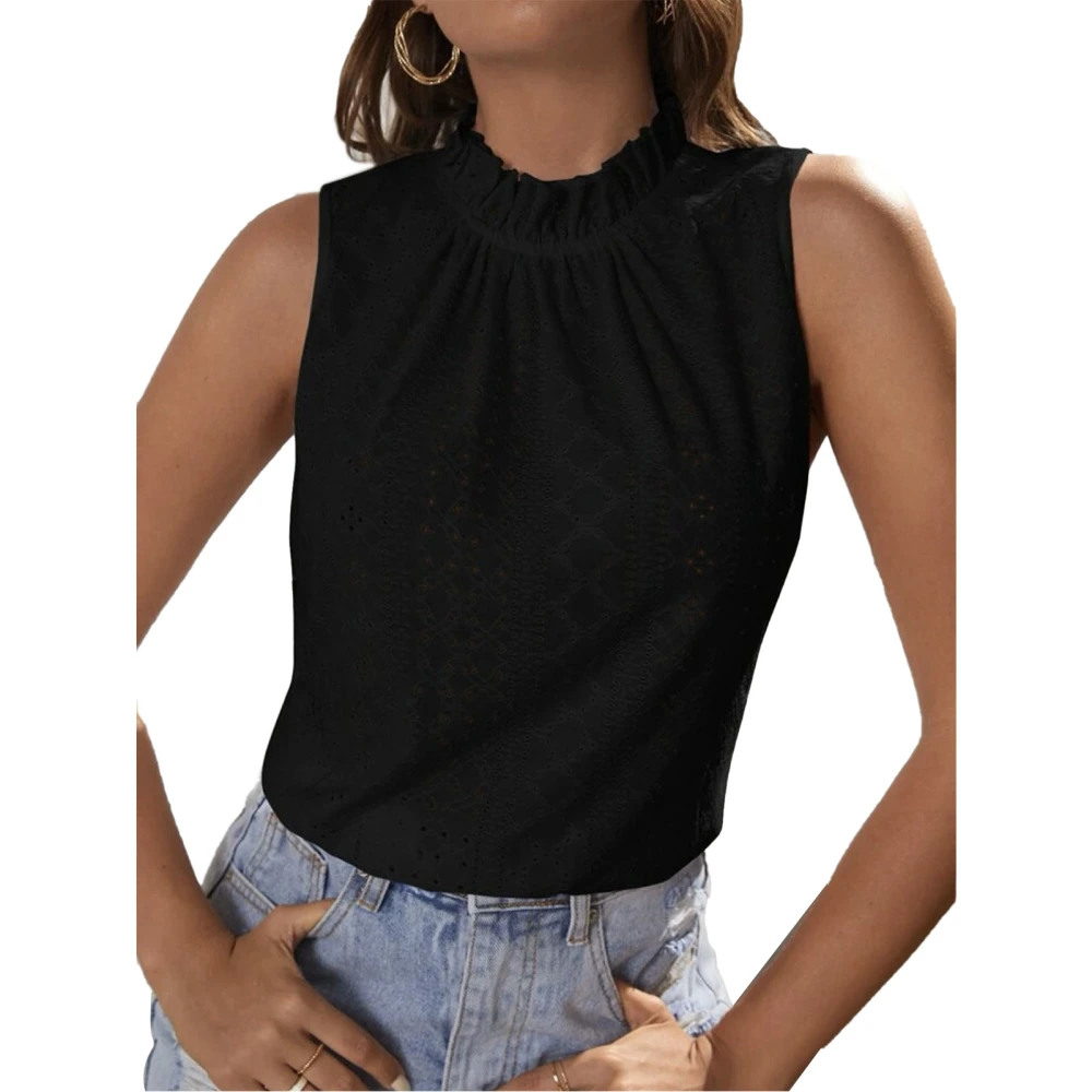 Women Tank Top Frill Trim Round Neck Hollow Out Pattern Back Tie Stylish Casual Summer Sleeveless Top Black L