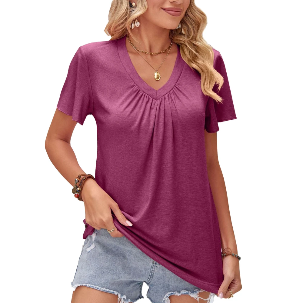 Women Summer Top Casual Loose Short Ruffle Sleeve Ruched Bust V Neck T Shirt for Female Purple Red XL