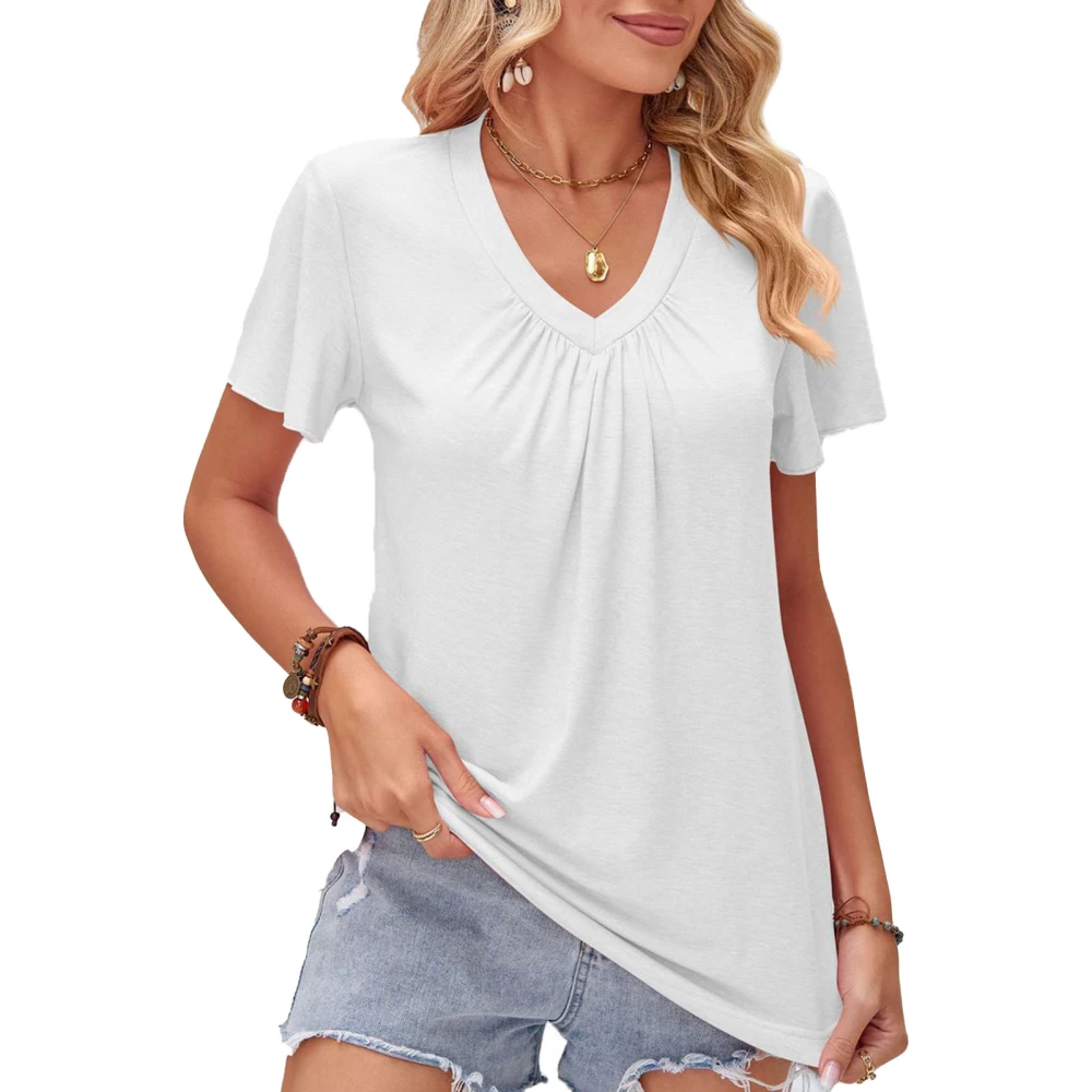 Women Summer Top Casual Loose Short Ruffle Sleeve Ruched Bust V Neck T Shirt for Female White M