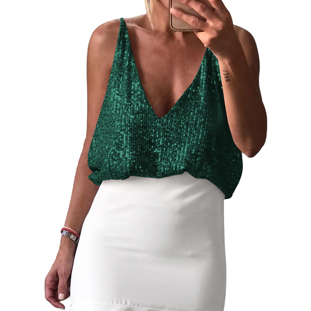 Women Sequin Tank Top Glitter Fabric Deep V Neck Loose Fitting Summer Sleeveless Vest Green XS