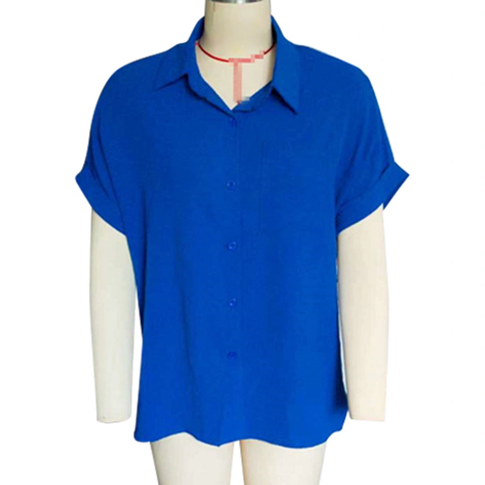 Turn Down Collar Blouse Pure Color Casual Hem Single Breasted Blouse Top for Women Lady Female Royalblue 2XL