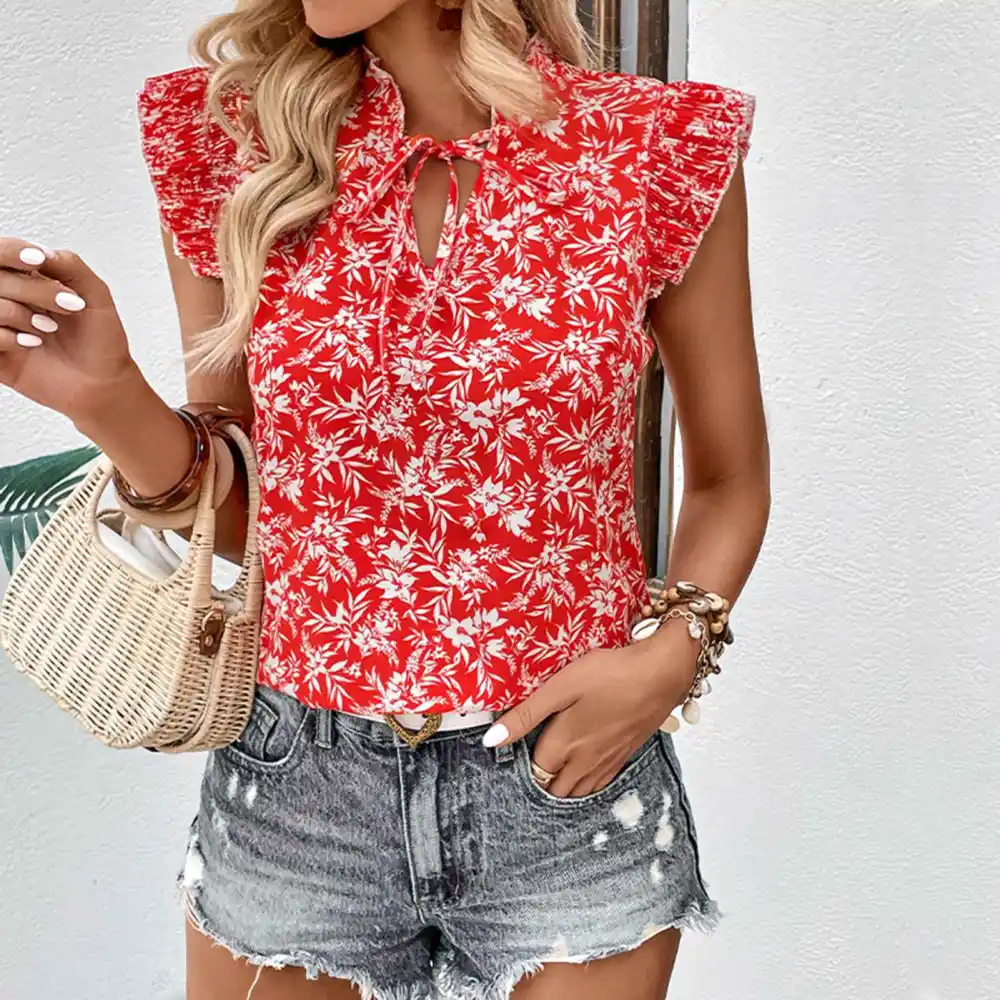 Women Summer Ruffle Sleeve Shirts Fashion Elegant Plant Floral Print Lace Up Women V Neck Ruffle Sleeve Blouse Tops Red L