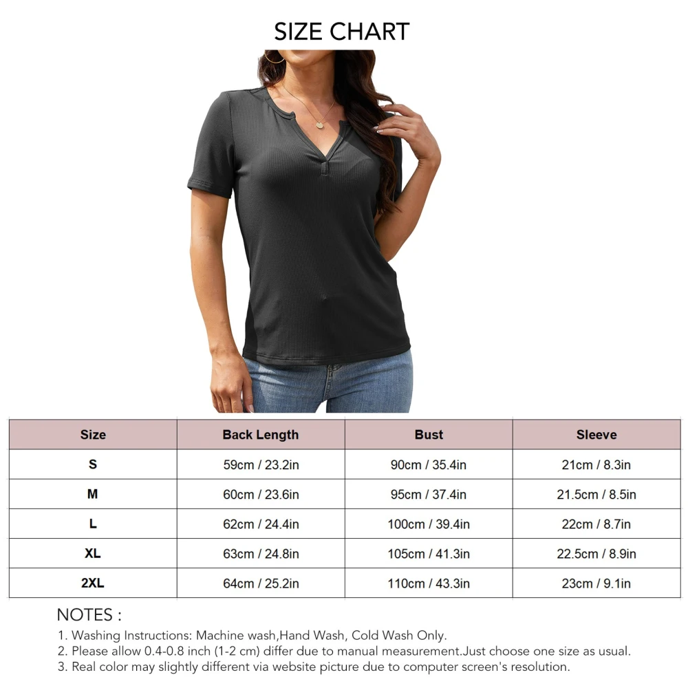 Women V Neck T Shirt Short Sleeves Pure Color Summer Casual Ribbing Blouse for Daily Wear Black XL