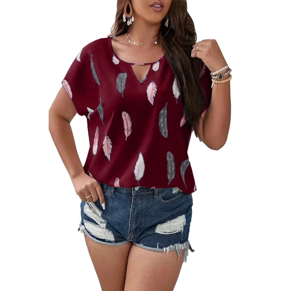 V Neckline Printed Blouse Casual Fitted Short Sleeve Oversized Blouse for Women Lady Girl Dating Burgundy XL