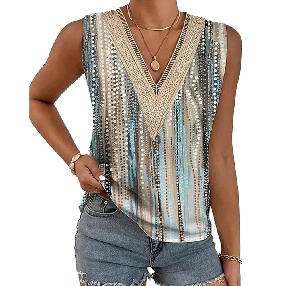 Women Sleeveless Top Lace Trim V Neck Loose Fit Soft Casual Lady Tank Top for Summer Dotted Tassel No.2 Color L