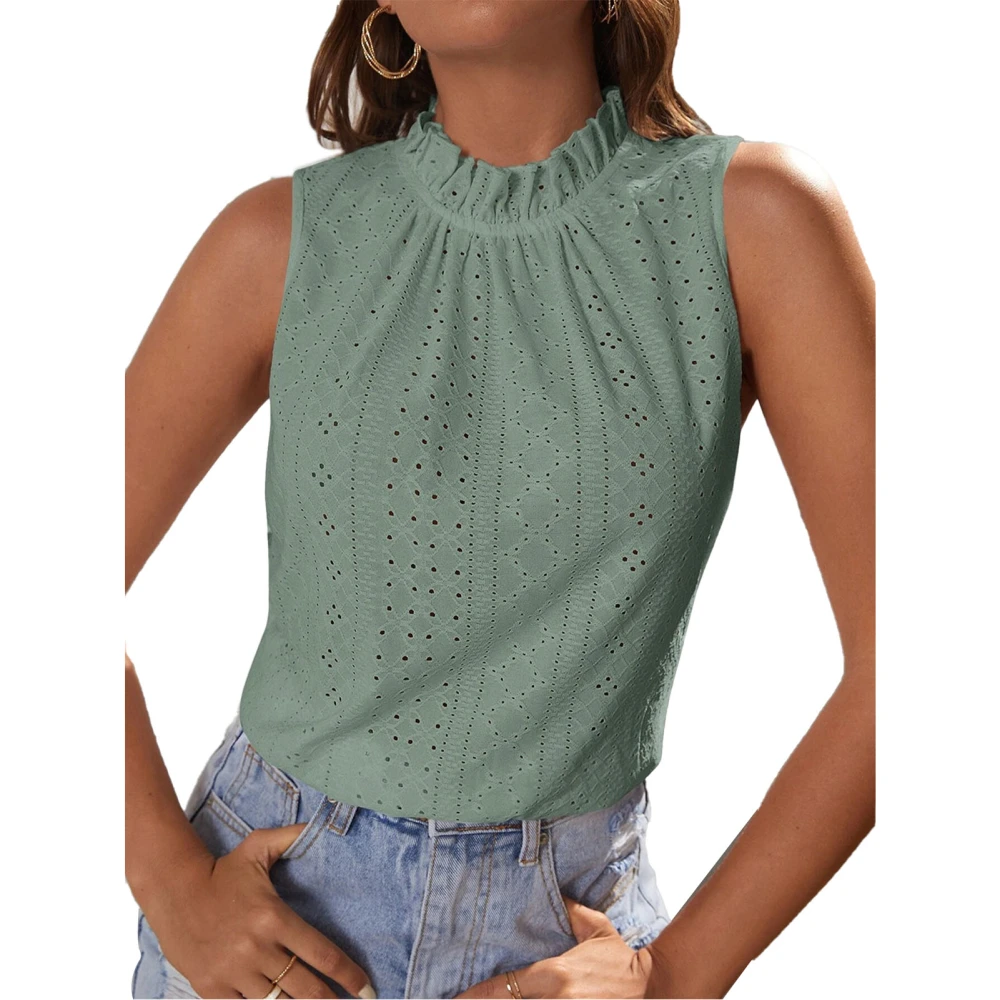 Women Tank Top Frill Trim Round Neck Hollow Out Pattern Back Tie Stylish Casual Summer Sleeveless Top Bean Green L