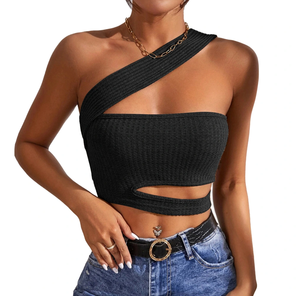 Hollow Out Chest Wrap Top Knitted Ultra Short Oblique Shoulder Breathable Women Clothing Black S