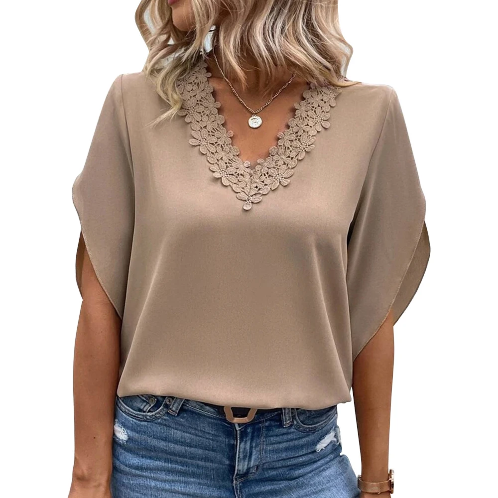 Women V Neck Lace Blouse Short Sleeved Comfortable Breathable Short Sleeve T Shirt Top Khaki XXL