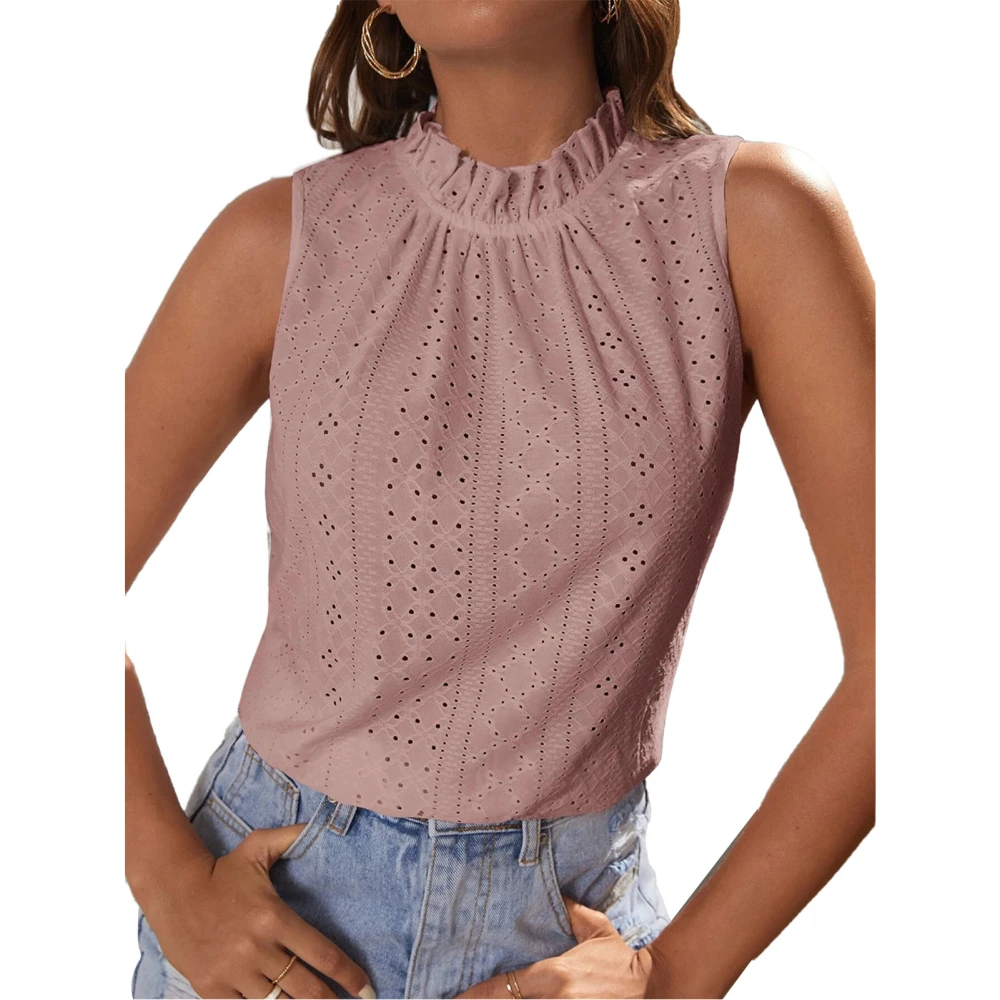 Women Tank Top Frill Trim Round Neck Hollow Out Pattern Back Tie Stylish Casual Summer Sleeveless Top Pale Pinkish Grey L