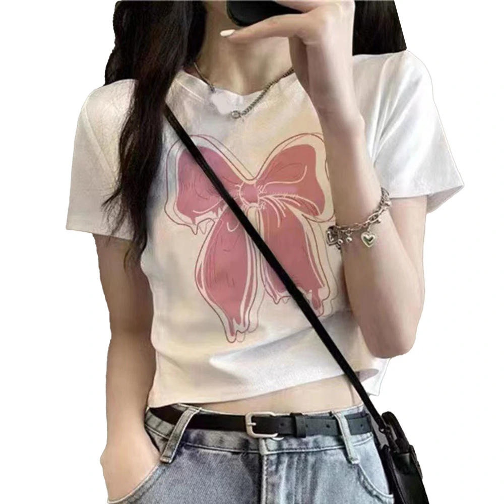 Women Round Neck Top Bowknot Pattern Short Sleeves Casual Short T Shirt for Summer Wear White L