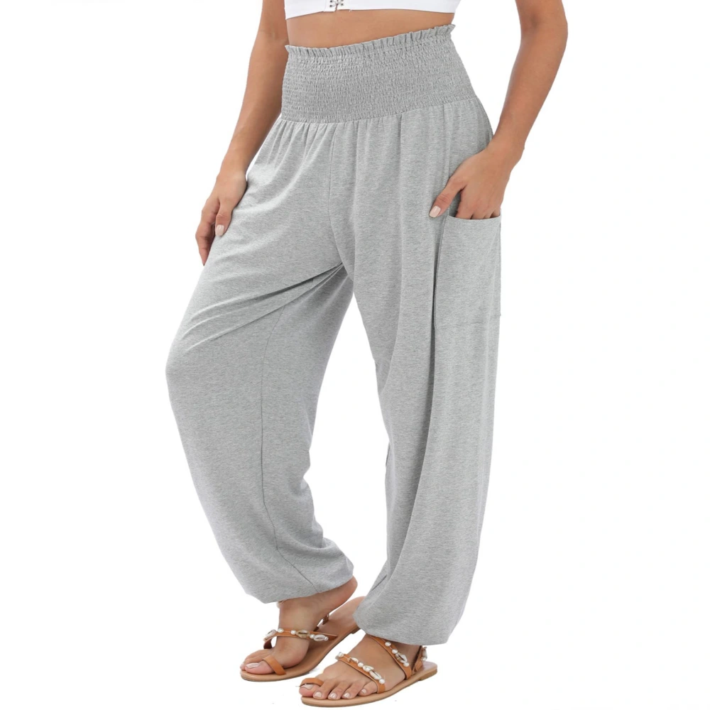 Women Loose Pants Shirred High Waist Casual Long Pants with Side Pocket for Daily Wear Colorful Grey M