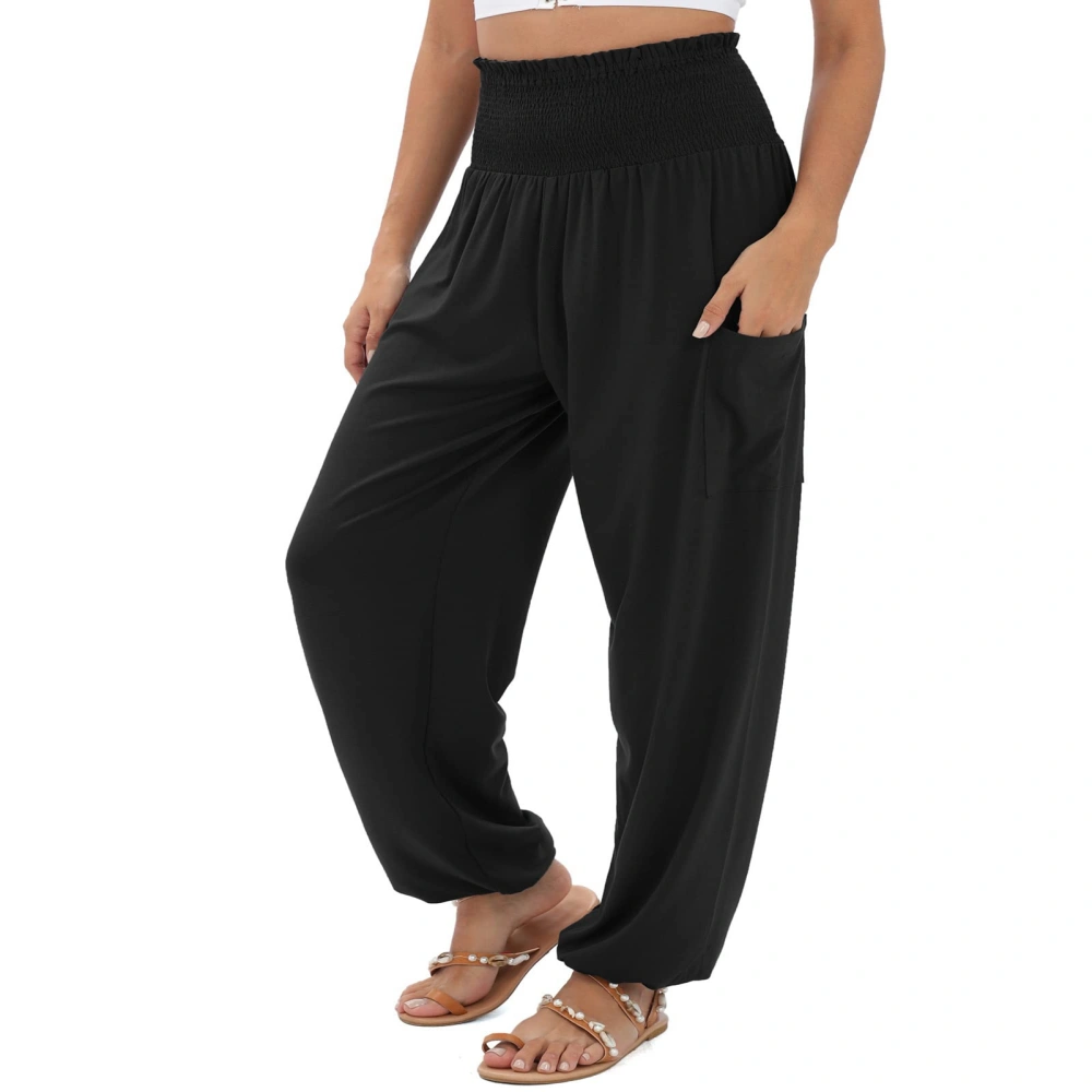 Women Loose Pants Shirred High Waist Casual Long Pants with Side Pocket for Daily Wear Black L