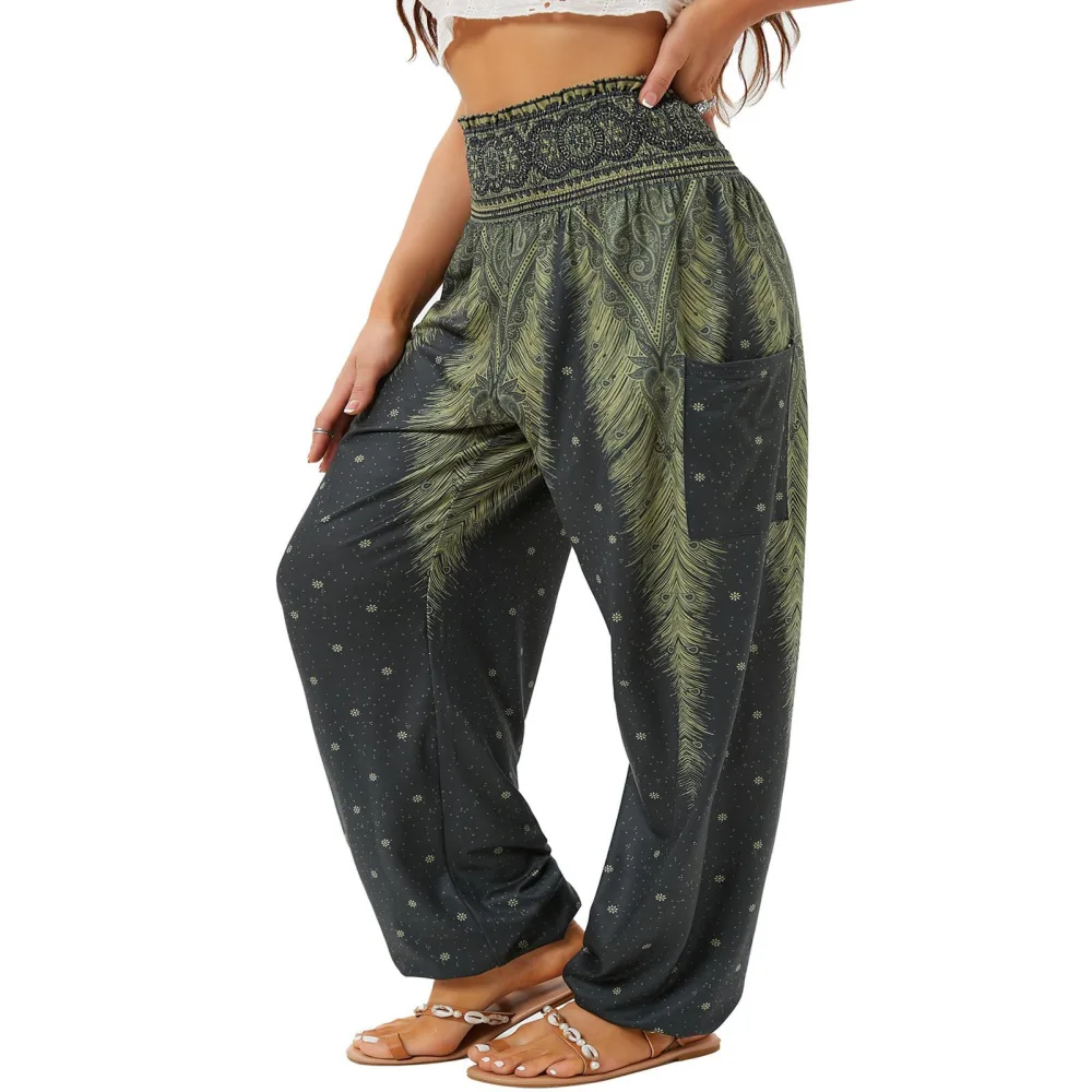 Women Loose Pants Shirred High Waist Casual Long Pants with Side Pocket for Daily Wear Green Feather Black Back L