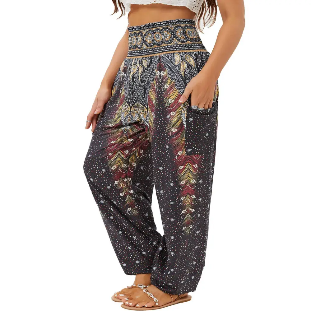 Women Loose Pants Shirred High Waist Casual Long Pants with Side Pocket for Daily Wear Colorful Feather Black Back XL