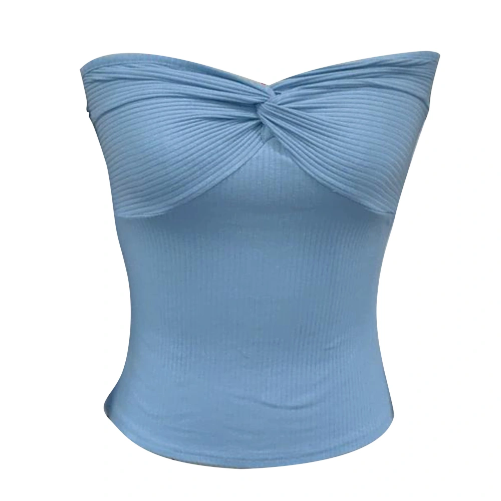 Women Rib Knitting Tank Top Bust Twist Knot Slim Cutting Pure Color Strapless Sleeveless Top Light Blue L