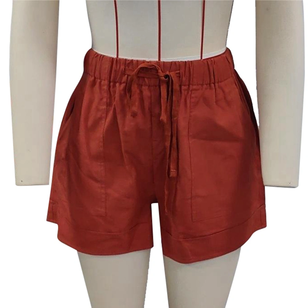 Women Summer Shorts Elastic Medium Waist Drawstring Closure Casual Shorts with Side Pockets Orange L