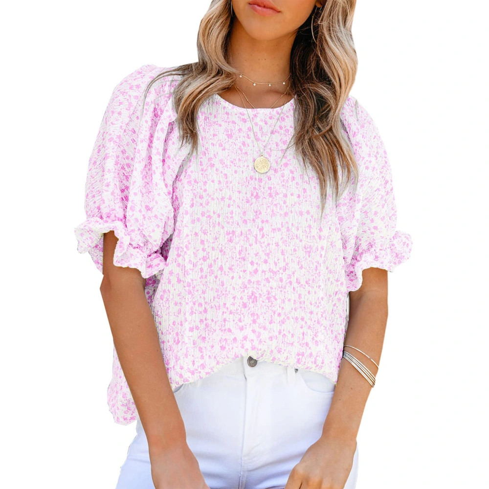 Women Floral Printed Top Short Puff Sleeves Round Neck Summer Casual T Shirt for Daily Wear Pink XXL