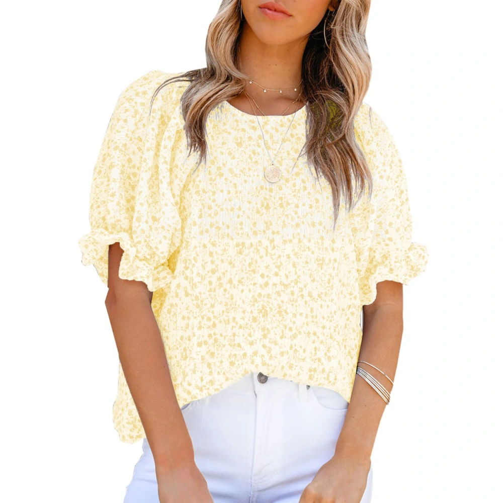 Women Floral Printed Top Short Puff Sleeves Round Neck Summer Casual T Shirt for Daily Wear Yellow S