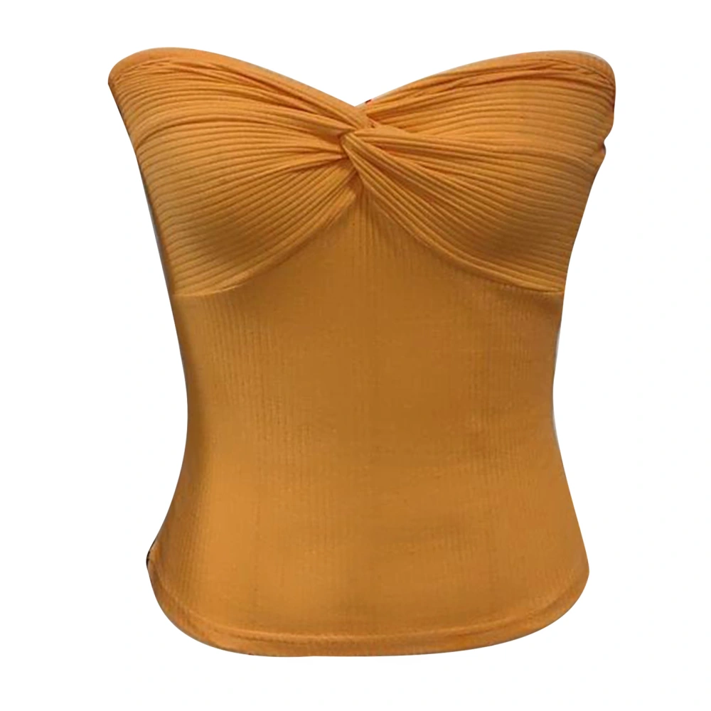 Women Rib Knitting Tank Top Bust Twist Knot Slim Cutting Pure Color Strapless Sleeveless Top Orange M