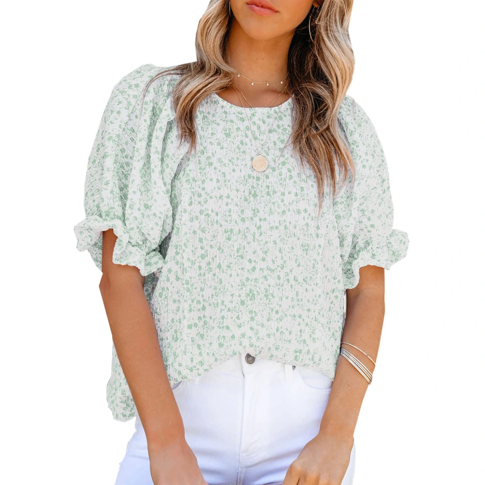 Women Floral Printed Top Short Puff Sleeves Round Neck Summer Casual T Shirt for Daily Wear Green L