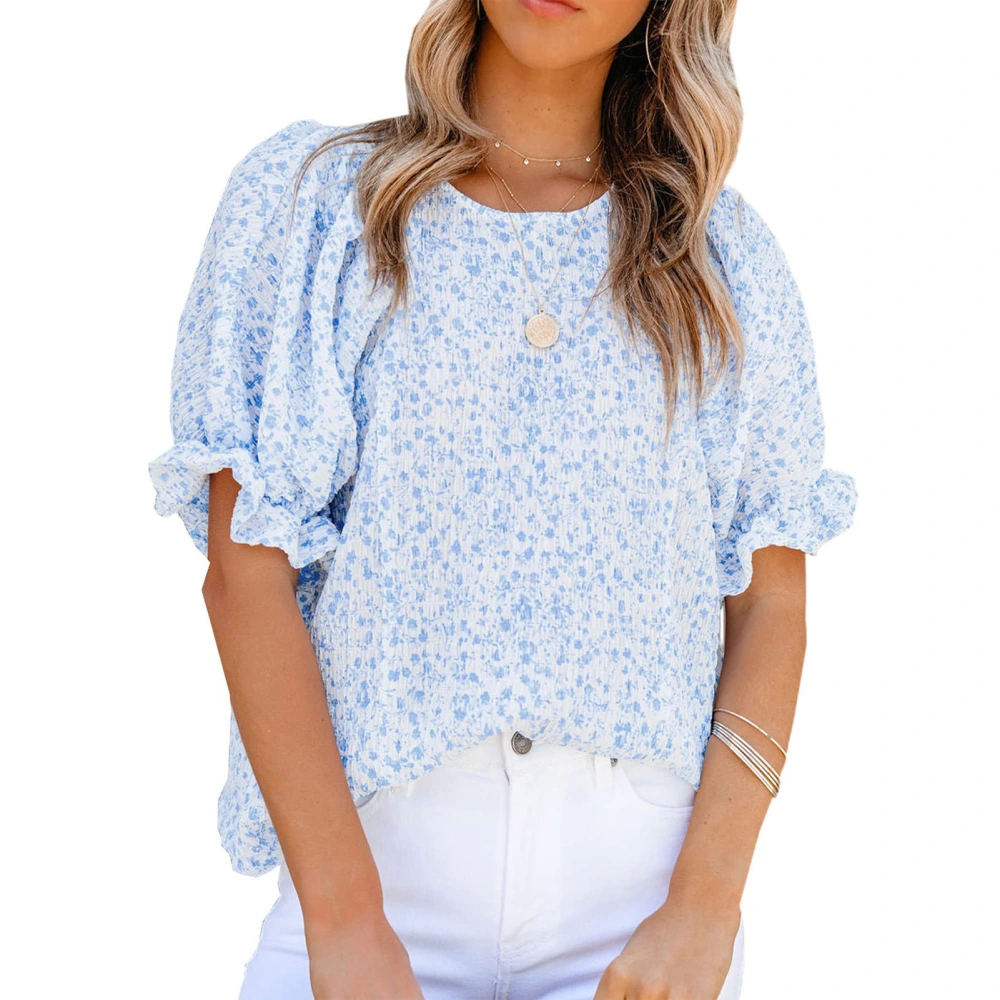 Women Floral Printed Top Short Puff Sleeves Round Neck Summer Casual T Shirt for Daily Wear Blue L