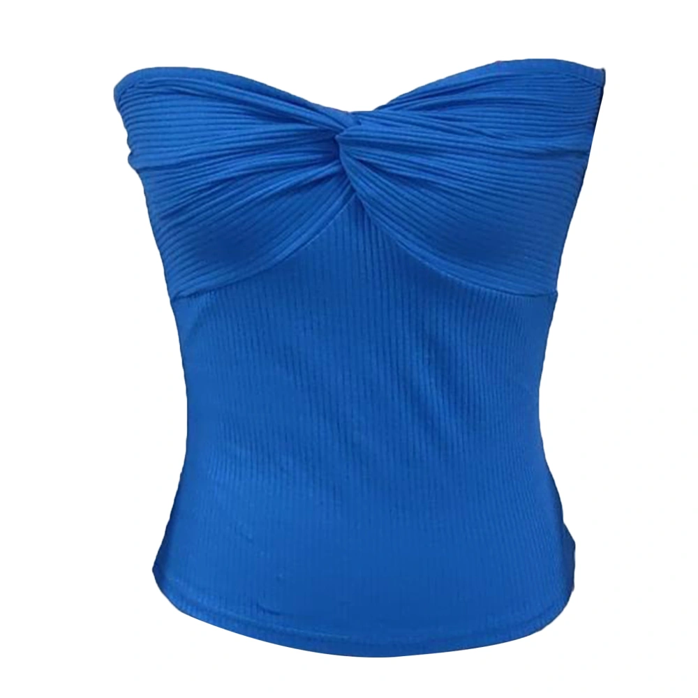 Women Rib Knitting Tank Top Bust Twist Knot Slim Cutting Pure Color Strapless Sleeveless Top Blue XS