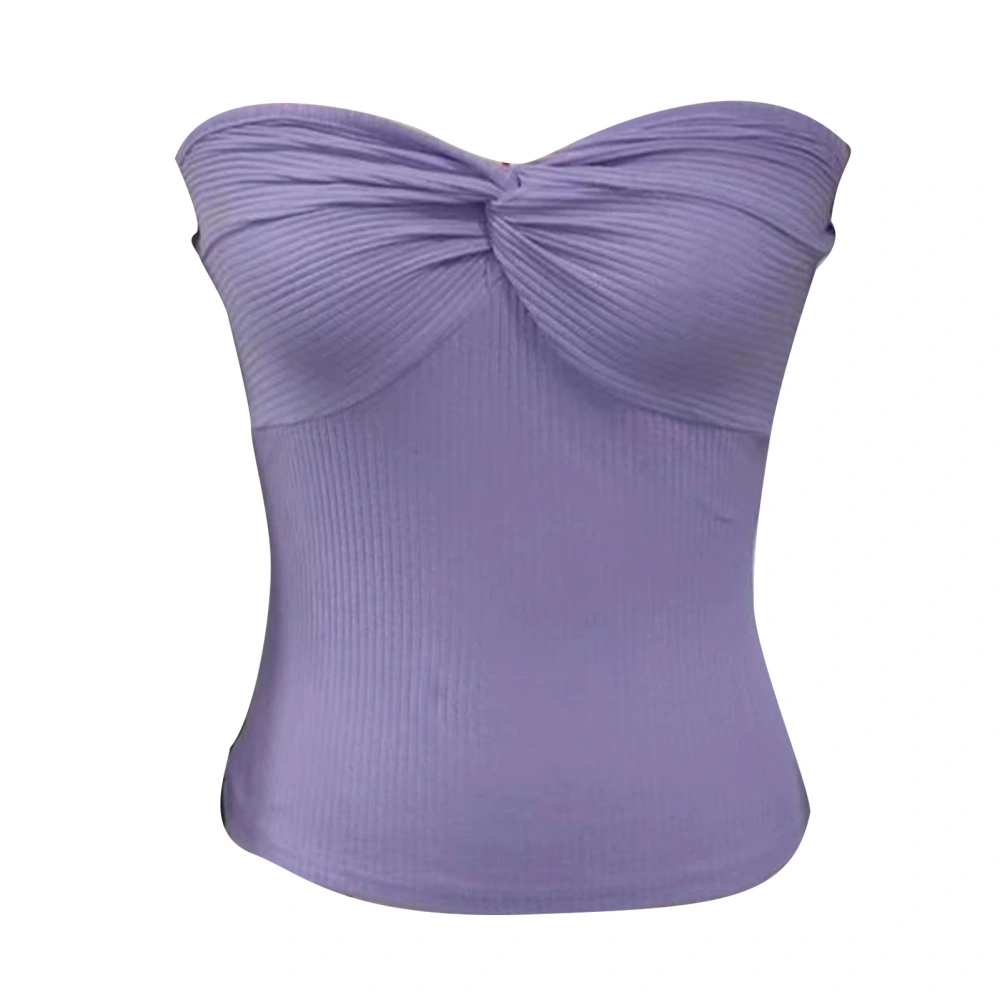 Women Rib Knitting Tank Top Bust Twist Knot Slim Cutting Pure Color Strapless Sleeveless Top Purple M