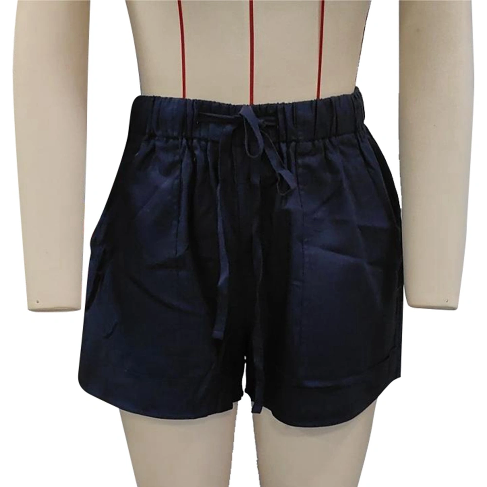 Women Summer Shorts Elastic Medium Waist Drawstring Closure Casual Shorts with Side Pockets Navy Blue S