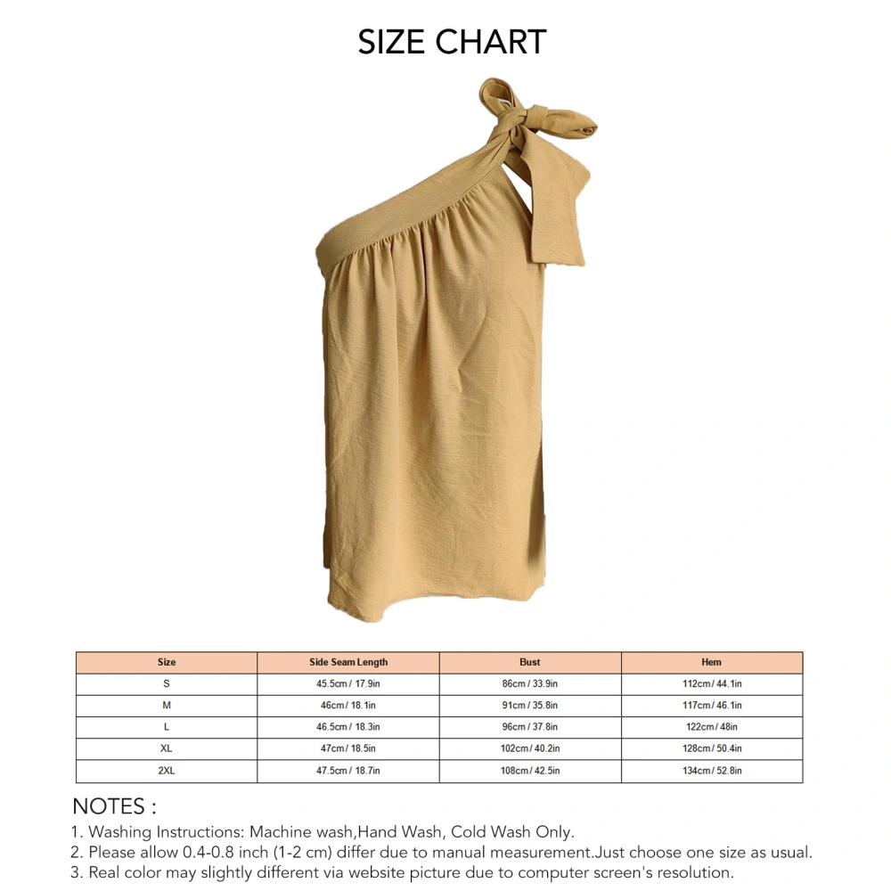 Women Single Shoulder Top Bowknot Lace Up Bust Pleated Sleeveless Summer Blouse for Daily Wear Yellow S