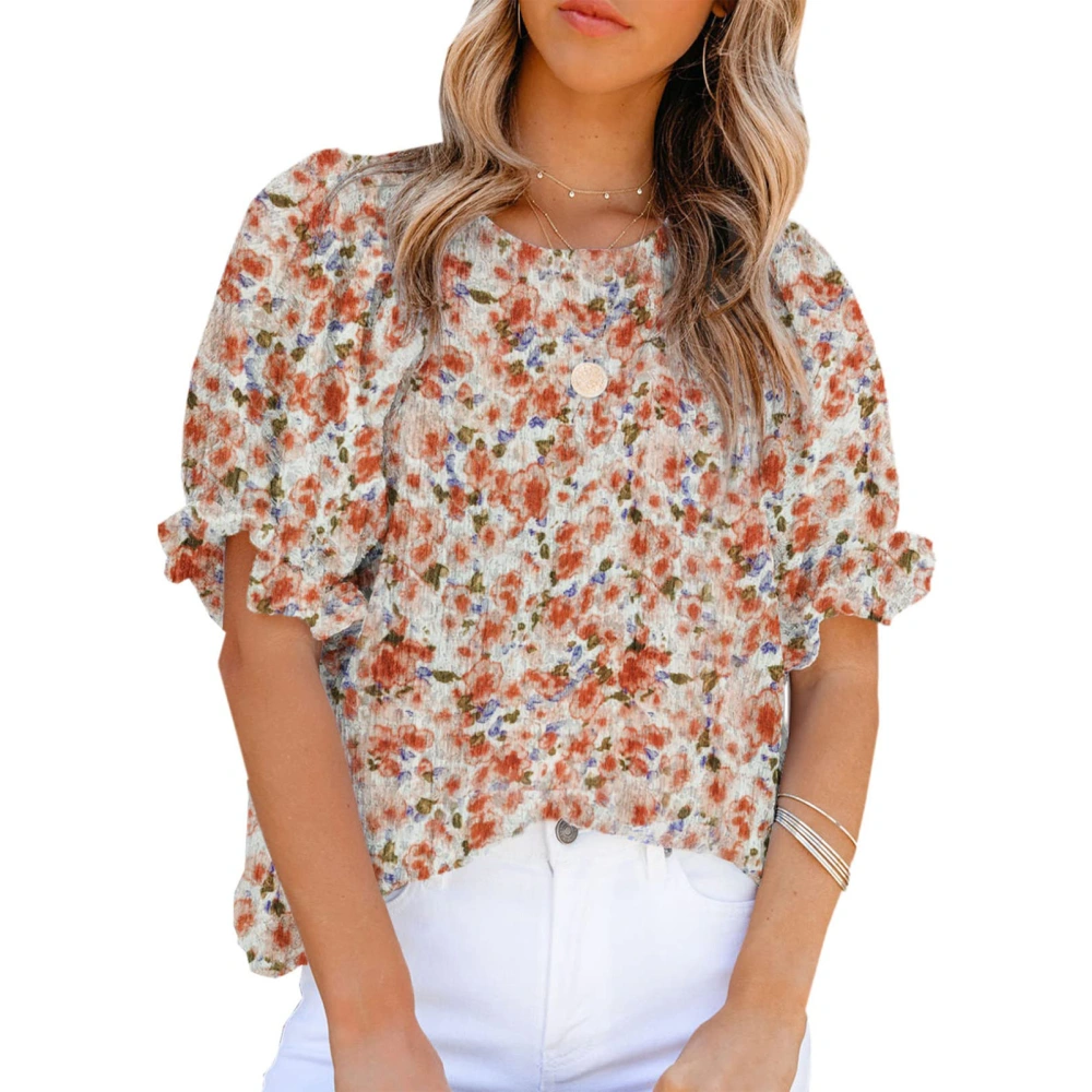 Women Floral Printed Top Short Puff Sleeves Round Neck Summer Casual T Shirt for Daily Wear Colorful XL