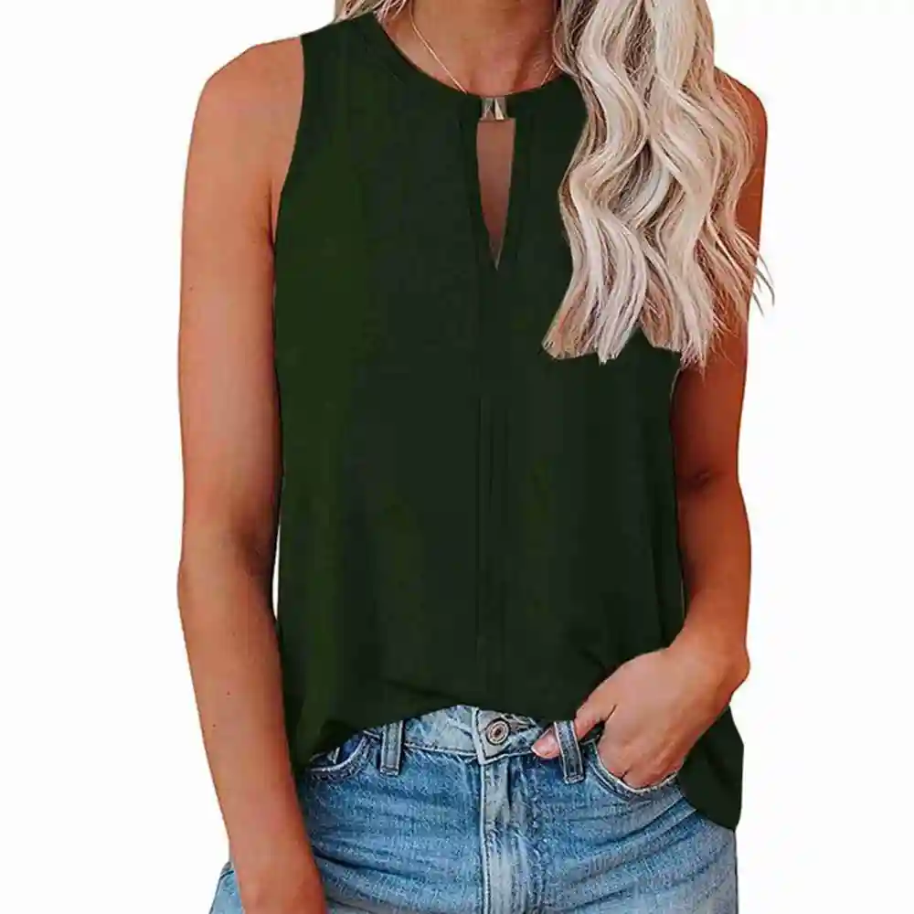 Women Tank Top Front Buckle V Neck Loose Fitting Summer Sleeveless Vest for Daily Wear OD Green M