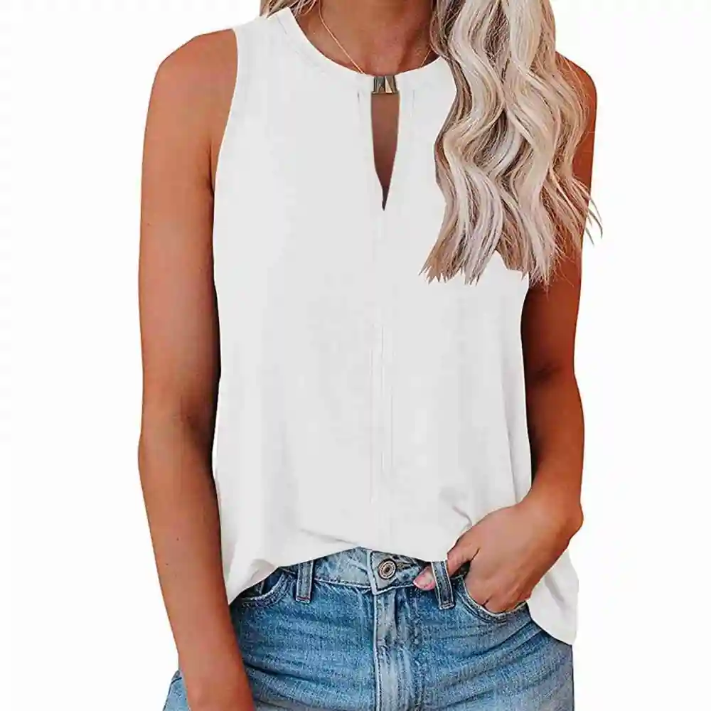 Women Tank Top Front Buckle V Neck Loose Fitting Summer Sleeveless Vest for Daily Wear White S