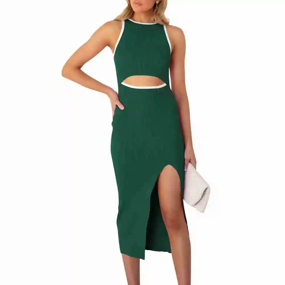 Women Sleeveless Dress Waist Cut Out Color Contrast Side Split Hip Wrap Summer Dress Green M