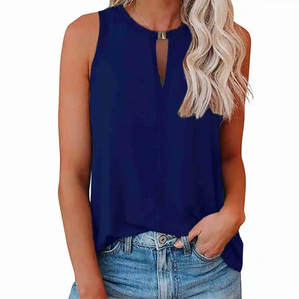 Women Tank Top Front Buckle V Neck Loose Fitting Summer Sleeveless Vest for Daily Wear Blue L