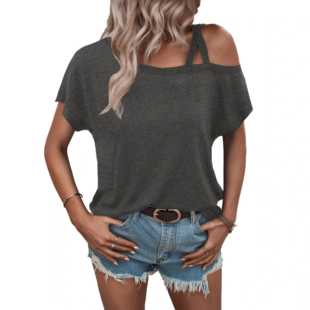 Womens Short Sleeve Cold Shoulder Tops Summer Fashion Loose Pure Color Double Straps Women Cold Shoulder Casual Shirts Dark Gray S