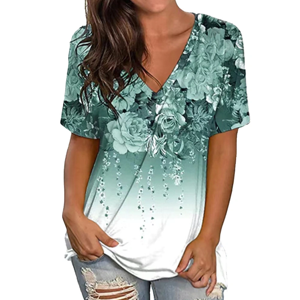 Women Top Floral Print Deep V Neck Top Short Sleeves Blouse Loose Casual Summer Blouse Green S