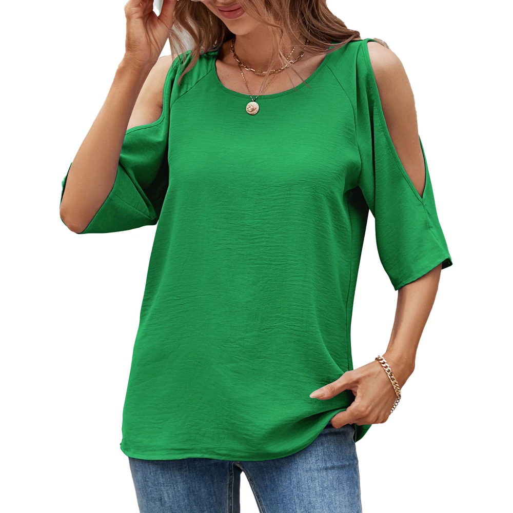 Women Short Sleeve Shirt Cold Shoulder Round Neck Pure Color Loose Fit Casual Lady Blouse for Daily Shopping Green M